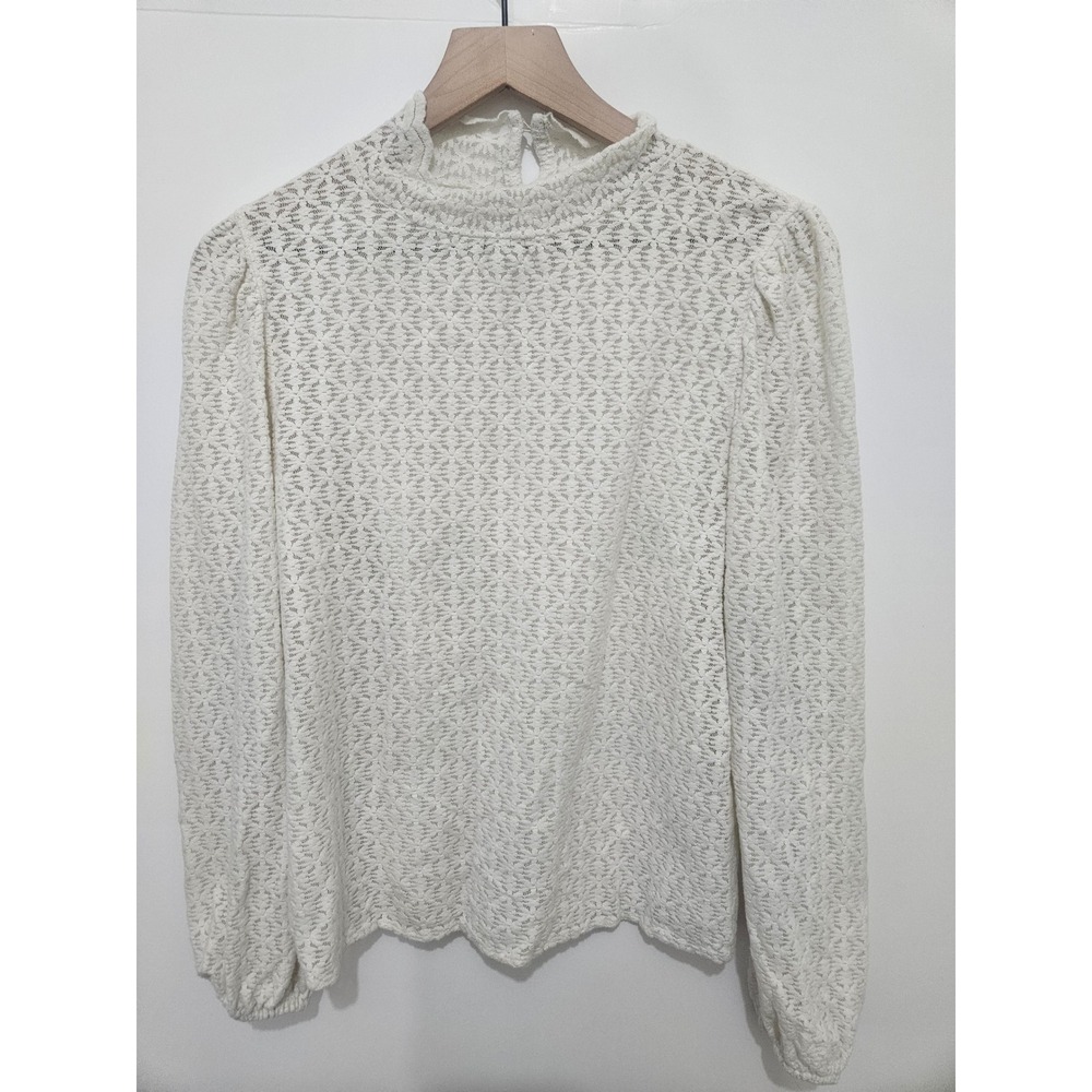 Loft White Lace Mock Neck Puff Sleeve Blouse Top Small